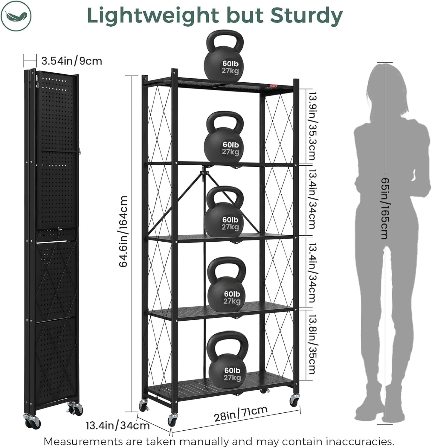 DEANIC 5 Tier Foldable Storage Shelves with Wheels, Large Capacity Shelving Unit, Freestanding Metal Wire Shelf Rack, No Assembly Organizer Rack for Garage Kitchen, Basement, Pantry(Black Pack of 3)