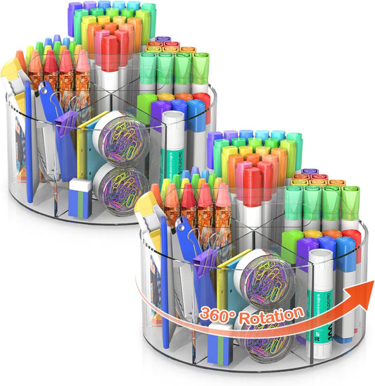 Acrylic Pen Holder, 2 Pack 360 Rotating Organizer With 6 Compartments, Desk Office Storage for 800 Pens, Markers, Crayons and Art Supplies