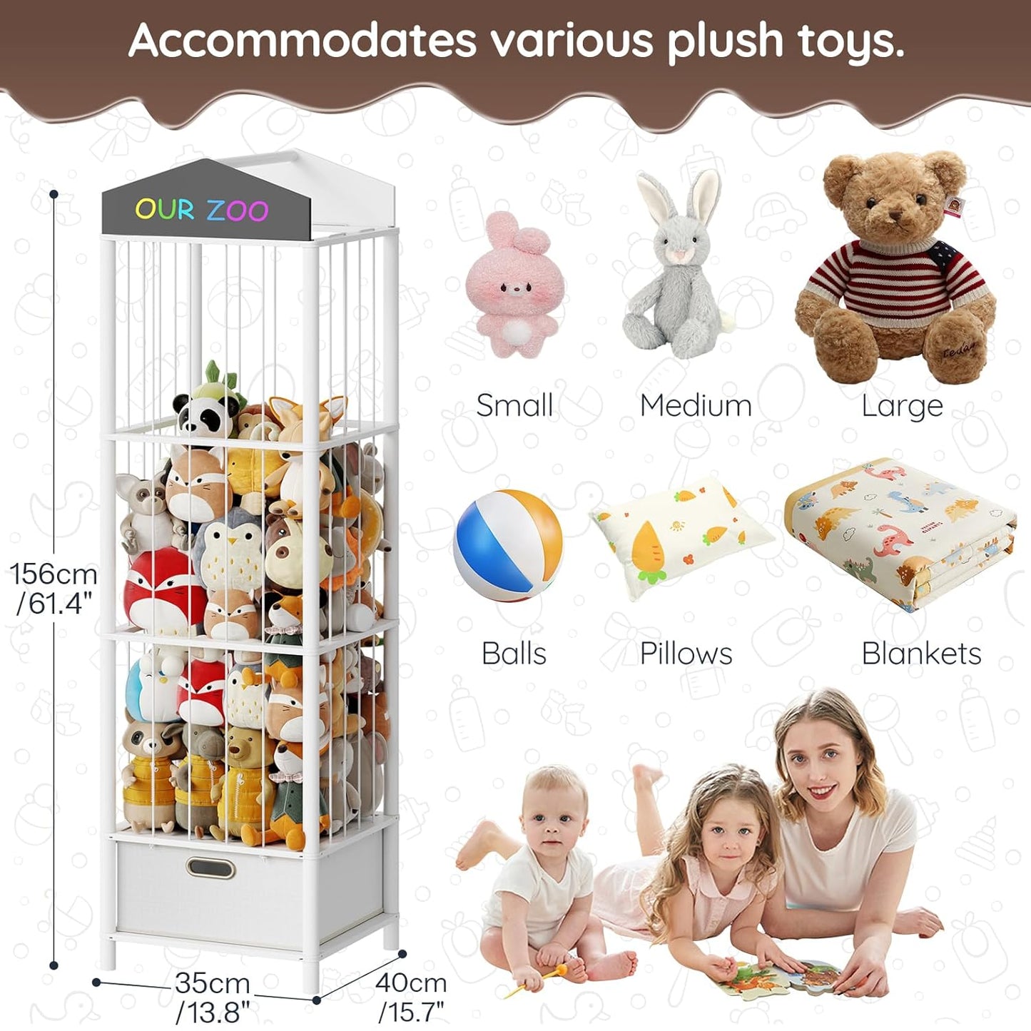 HOOBRO Stuffed Animal Storage & Organizer, Bamboo Stuffed Animal Holder with Fabric Drawer and DIY Chalkboard, Plush Toy Organizer for Playroom, Living Room, Nursery, White WT66CW01