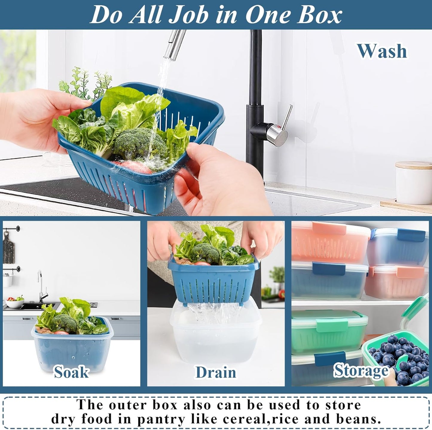 50oz Berry Keeper Fruit Storage Container for Fridge, Fresh Food Produce Saver Containers with Removable Drain Colanders, Vegetable Lettuce Keeper Bowl, Refrigerator Organizer, PRESS TO OPEN CLOSE LID