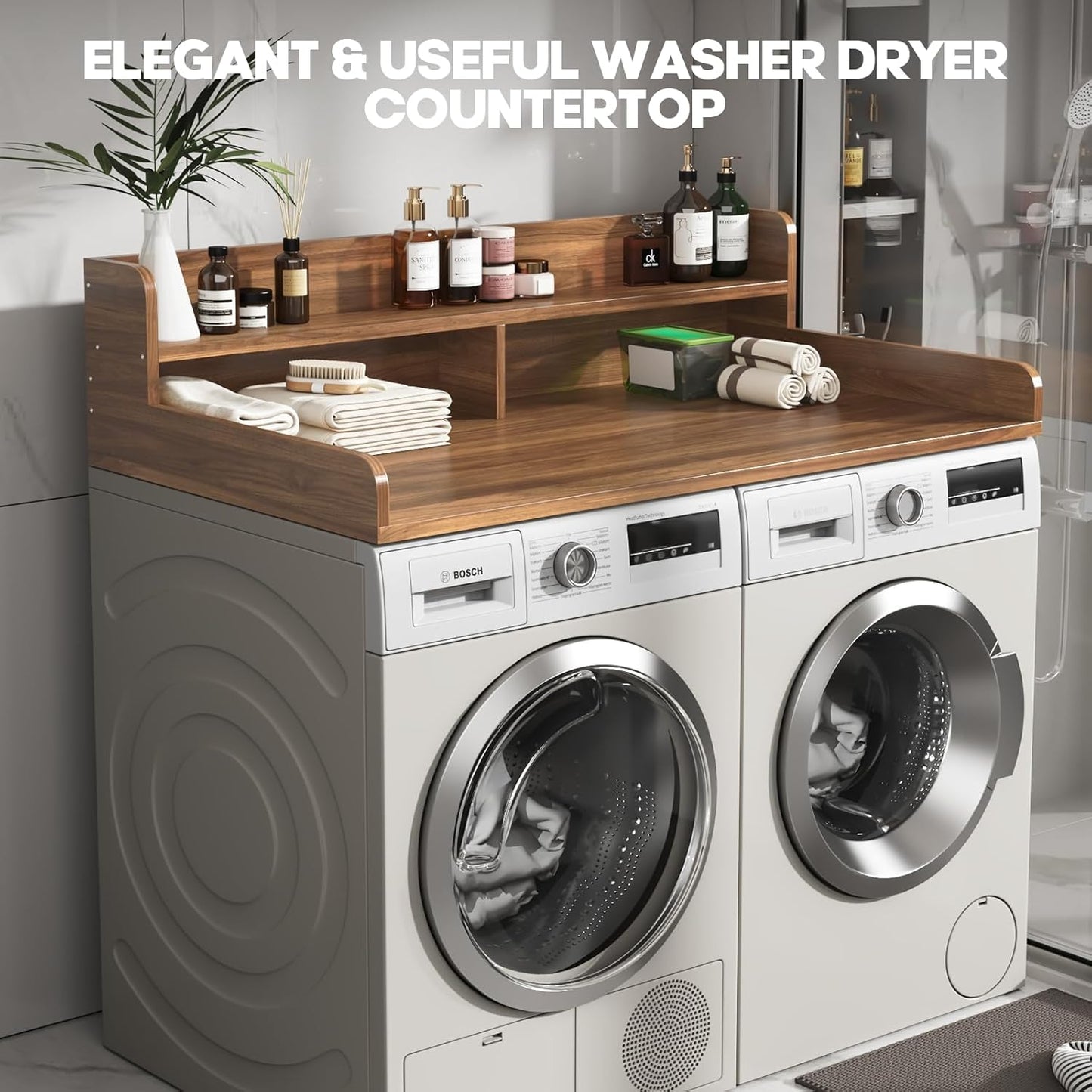 2-Tier Washer and Dryer Countertop with 2.75" H Guard,54" W x 27.5" D Laundry Countertop Cover with Non-Slip Pad,Large Space Laundry Topper for Folding Clothes Over Washer and Dryer-Dark Walnut