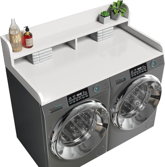 2-Tier Washer Dryer Countertop with 2.75"H Edge Rails, 54" W x 27.55" D Laundry Countertop for Folding Clothes, Washer and Dryer Topper with Non-Slip Pad (White)
