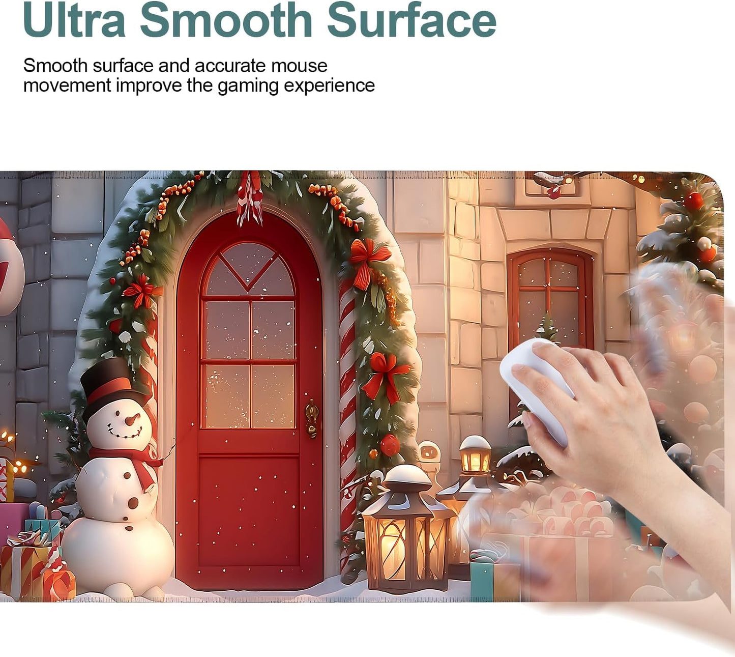 Christmas Scene Gaming Mouse Pad 31.5"x11.8"Desk Mat Anti-Slip Rubber Base & Durable Stitched Edges for Gamers Smooth Mouse Writing Surface for Desk Office/Home