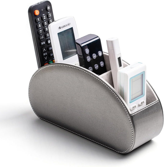 Remote Control Holders Organizer Box with 5 Compartment PU Leather Multi-functional Office Desk Storage Caddy Store Tv Remote for Media Player,Brush,Pencil,Glassees&Office Supplies (Sliver)