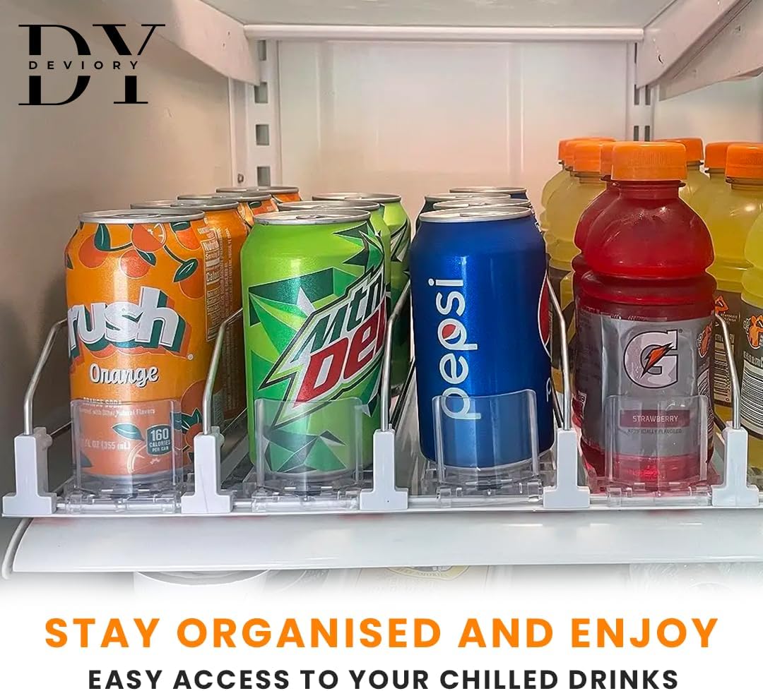 Soda Can Organizer with Automatic Can Pusher | Refrigerator Drink Organizer | Beverage Dispenser for Soda, Cans and Bottles | Space-Saving | Stainless Steel | Adjustable Sizes | 6 Rows