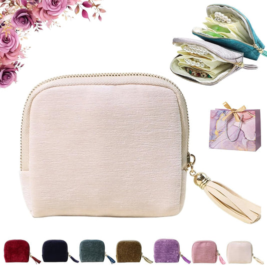 Travel Jewelry Case, Portable Jewelry Storage Bag, Compact Foldable Five Compartments Organizer Pouch with Zipper & Tassel for Earring Necklace Ring Bracelet (Beige)