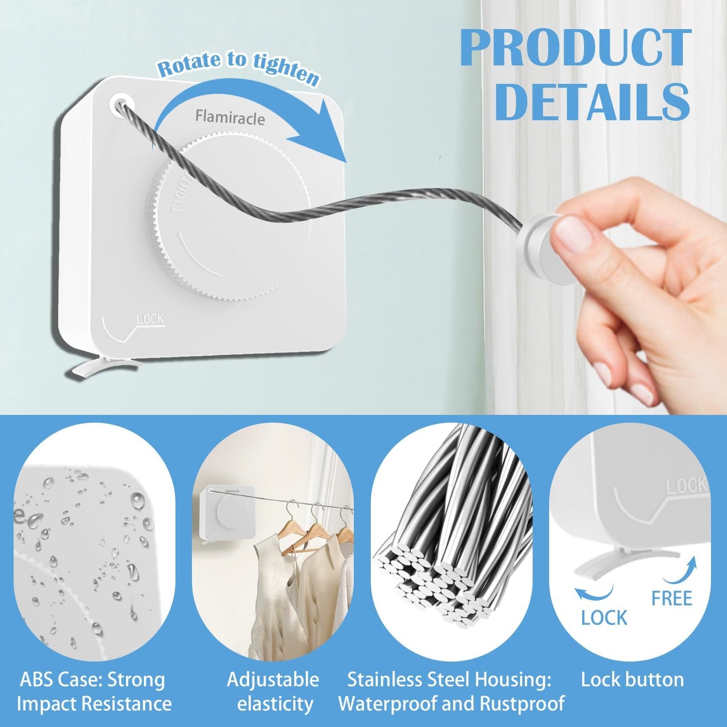 Retractable Clothesline Indoor, Non-Sagging Outdoor Clothes Line Retracting 15.7 Feet Heavy Duty Laundry Line Retractable Wall Mounted Clothes Line Outdoors (Square-White)