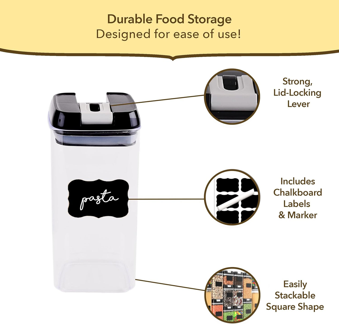 Simply Gourmet Airtight Food Storage Containers with Lids – 7 Piece Assorted Size Kitchen Pantry Organization Set, BPA-Free Clear Plastic, Stackable Containers for Cereal, Flour, Sugar, Rice, Snacks