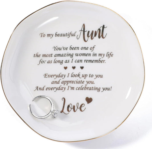 HOME SMILE Christmas Mothers Day Birthday Gifts for Aunt from Newphew or Niece-Ceramic Ring Dish Jewelry Tray-Everyday I look Up to you and appreciate to you