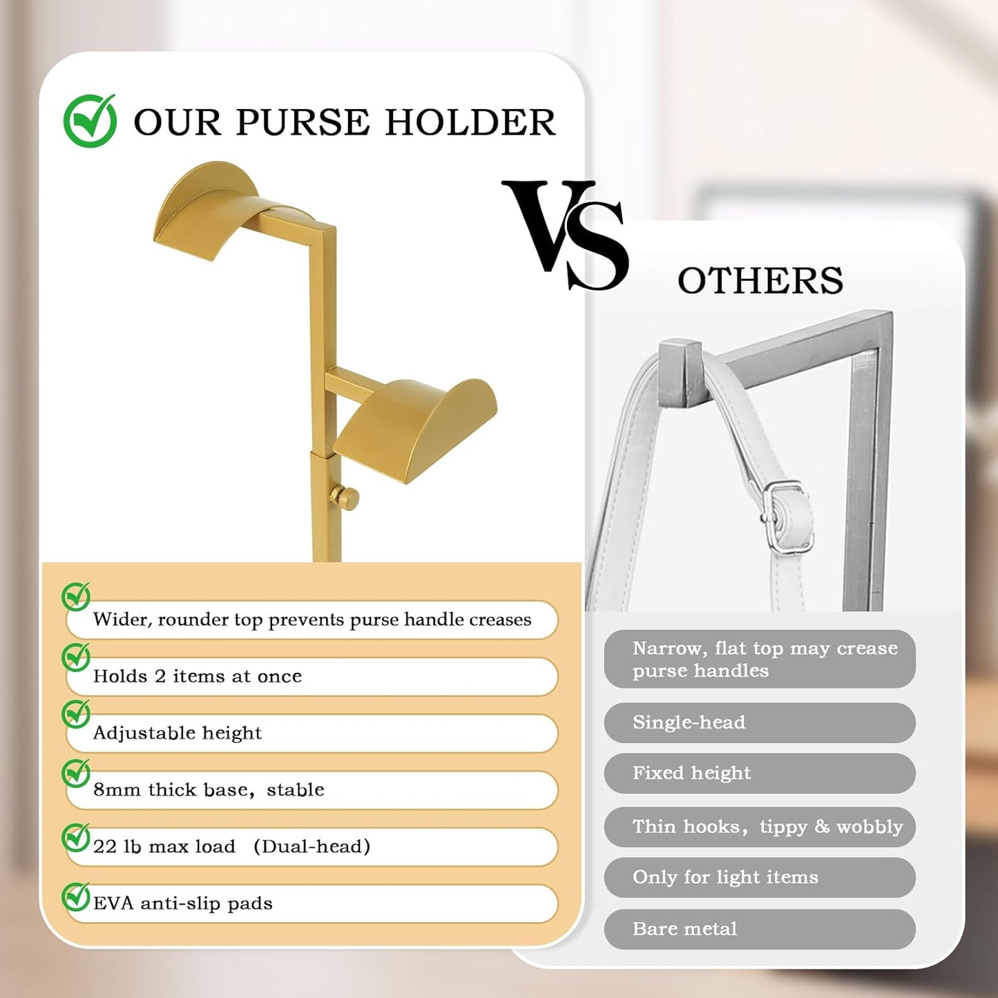 2 Pack Purse Holder for Closet, Dual Hook Purse Stands for Display, Stainless Steel Bag Hanger, Adjustable Height Purse Rack Stand, Handbag Display Stand, Bag Hanger for Vendors Table Boutiques (Gold)