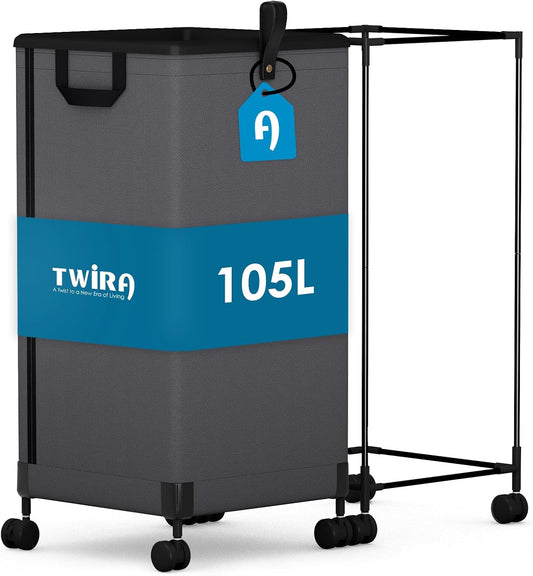 Laundry Basket with Wheels 105L, Large Rolling Laundry Hamper with Removable Bag, Metal Frame Collapsible Dirty Clothes Bin, Cloth Organizer Hampers Pull Handle for Bathroom, Dorm, Bedroom Dark Grey