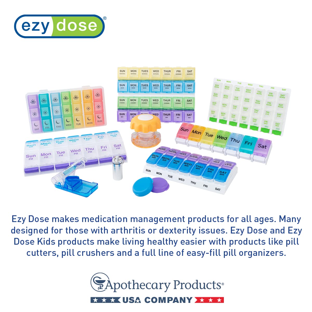 EZY DOSE Weekly (7-Day) Pill Organizer, Vitamin Container, and Daily Medicine Planner, 2X-Large Push Button Compartments, Arthritis Friendly, Easy to Use, 4 Times a Day, Color-Coded Lids, BPA Free