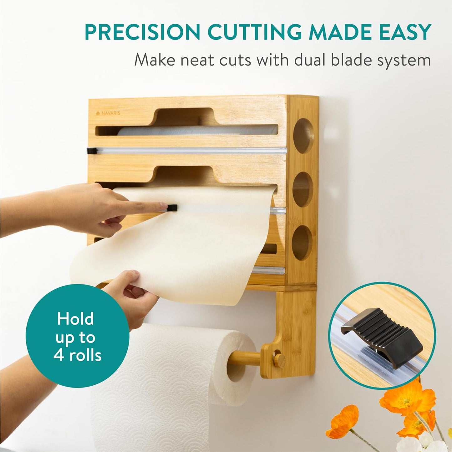 Navaris 4 in 1 Plastic Wrap Dispenser with Cutter - Space Saving Kitchen Roll Storage Foil Organizer for Drawer - Bamboo Kitchen Wrap Paper Roll Baking Paper and Aluminum Holder