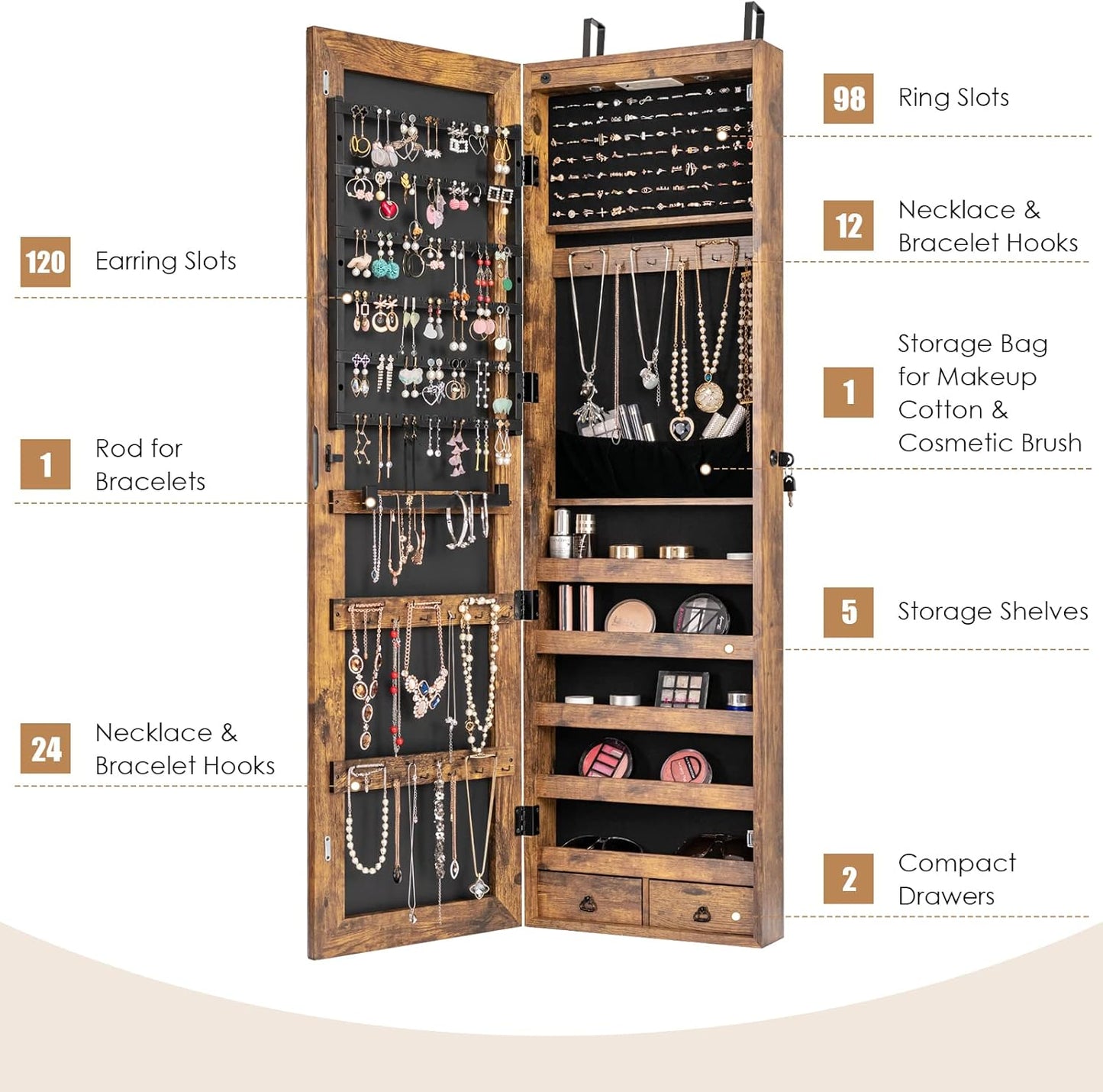 Giantex Wall Door Mounted Jewelry Armoire Cabinet with 47.5" H Full Length Mirror, 2 LEDs Lockable Jewelry Organizer Box with Bracelet Rod, 2 Drawers, Large Storage Capacity (Rustic Brown)