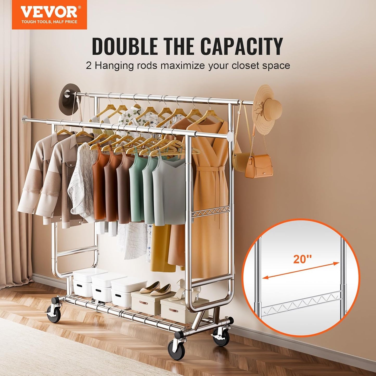 VEVOR Clothes Rack, Rolling Clothing Garment Rack, Extendable Carbon Steel Clothing Racks with Wheels for Bedroom, Laundry, Living Room