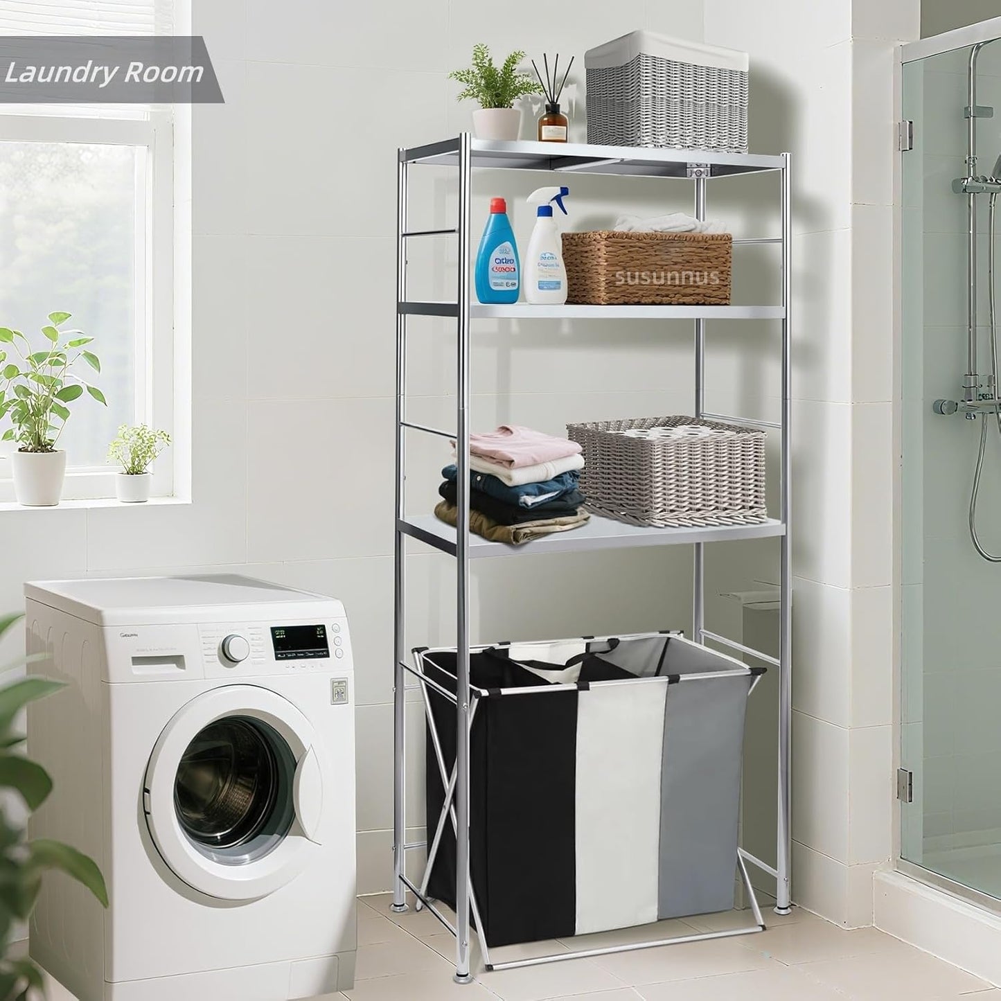 susunnus Stainless Steel Shelf,Kitchen Storage Shelves,Microwave and Mini Fridge Shelf,Laundry Machine Rack, Adjustable Height,Open Lower Tier,Laundry Room, Repository (2tier(31.5 * 15.7 * 53.1in))