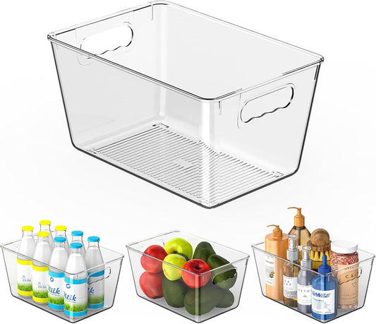 Clear Plastic Storage Bins, 4 Pack Pantry Organizers & Storage Containers, Cabinet Organizer, Home Organization Must Haves for Kitchen, Laundry Room, Office, Closet & Freezer