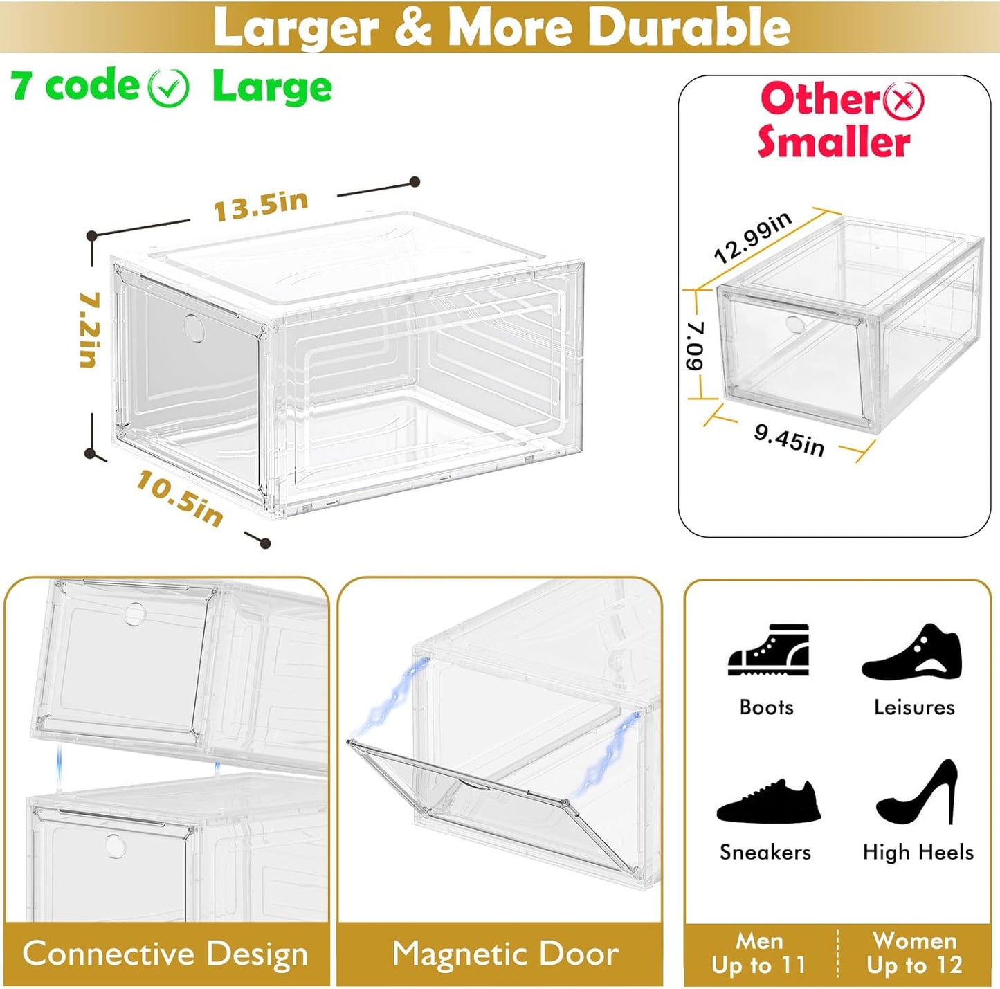 7 code Large Clear Shoe Boxes Organizer【Thicker Material】 Stronger Shoe Box with Magnetic Door, Stackable Shoe Storage Box for Closet, Foldable Space-Saving Storage Bins Shoe Cabinet, White 9 Pack