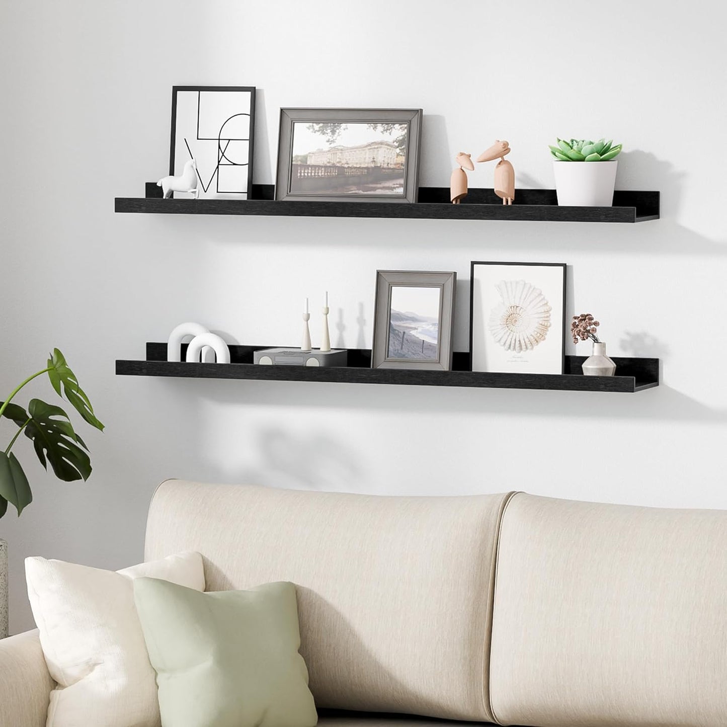 upsimples Floating Shelves for Wall, 35.5 Inch Shelves for Decor Storage Set of 6, Wall Mounted Wood Shelf for Bedroom, Living Room, Bathroom, Kitchen, Long Picture Ledge Shelves, Black