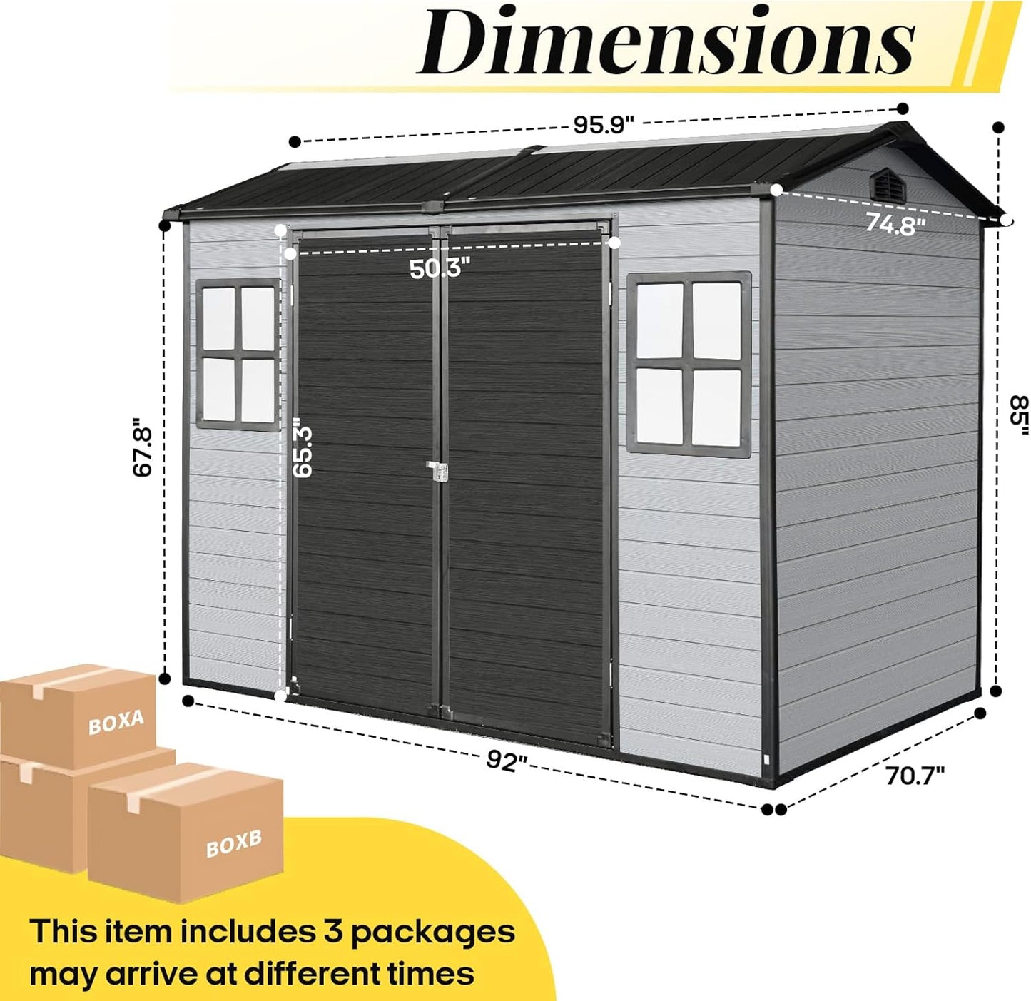 8x6ft Resin Outdoor Storage Shed with Floor and 2 Windows, Plastic Sheds & Outdoor Storage Clearance for Patio Furniture, GardenTools, Bike Accessories and Lawn Mower, Black+Grey