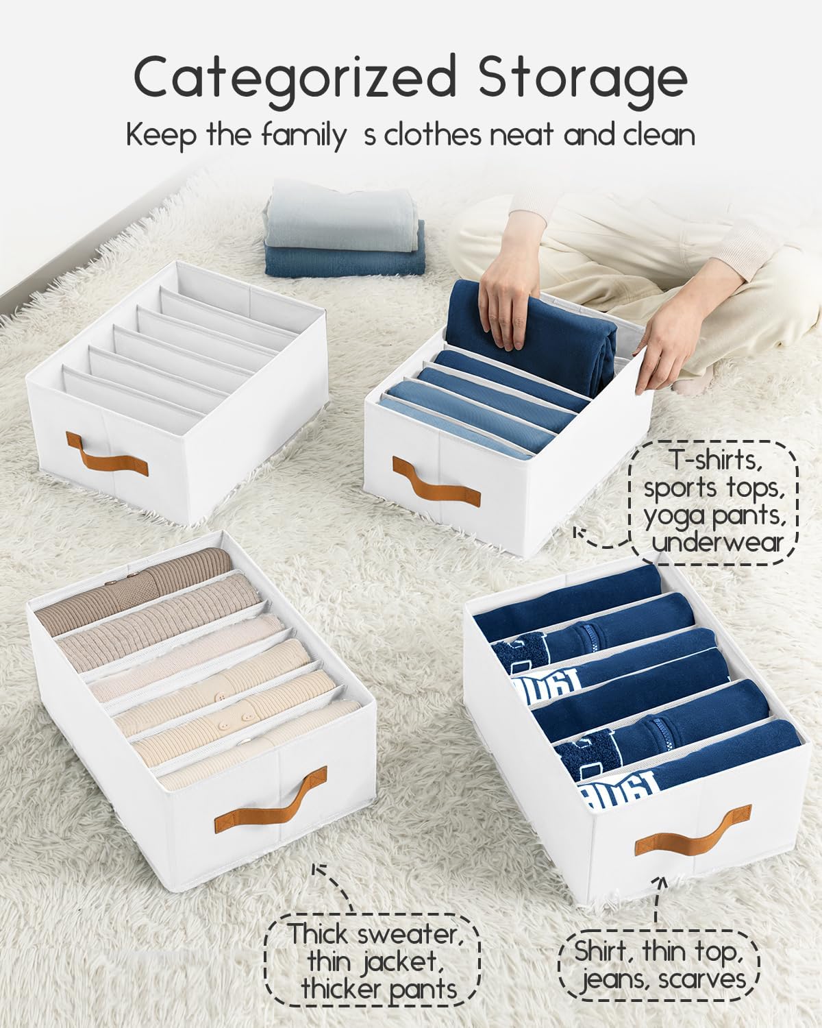 Closet Organizers and Storage - Fabric Clothes Organizer with Handles, Foldable Jeans Organizer for Clothes, Drawer Organizer for Shirts, Bra, Sweater, Scarf, 6 Pack, White