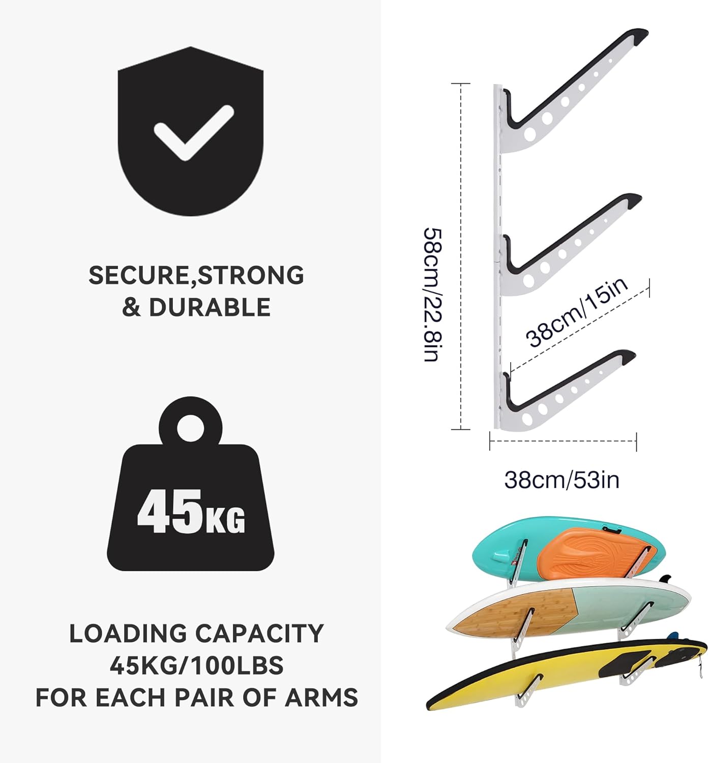 3 Board Surf Rack Wall Mount for Surfboard, Wakeboard, Snowboard Storage Adjustable Wall Hangers Boards Display