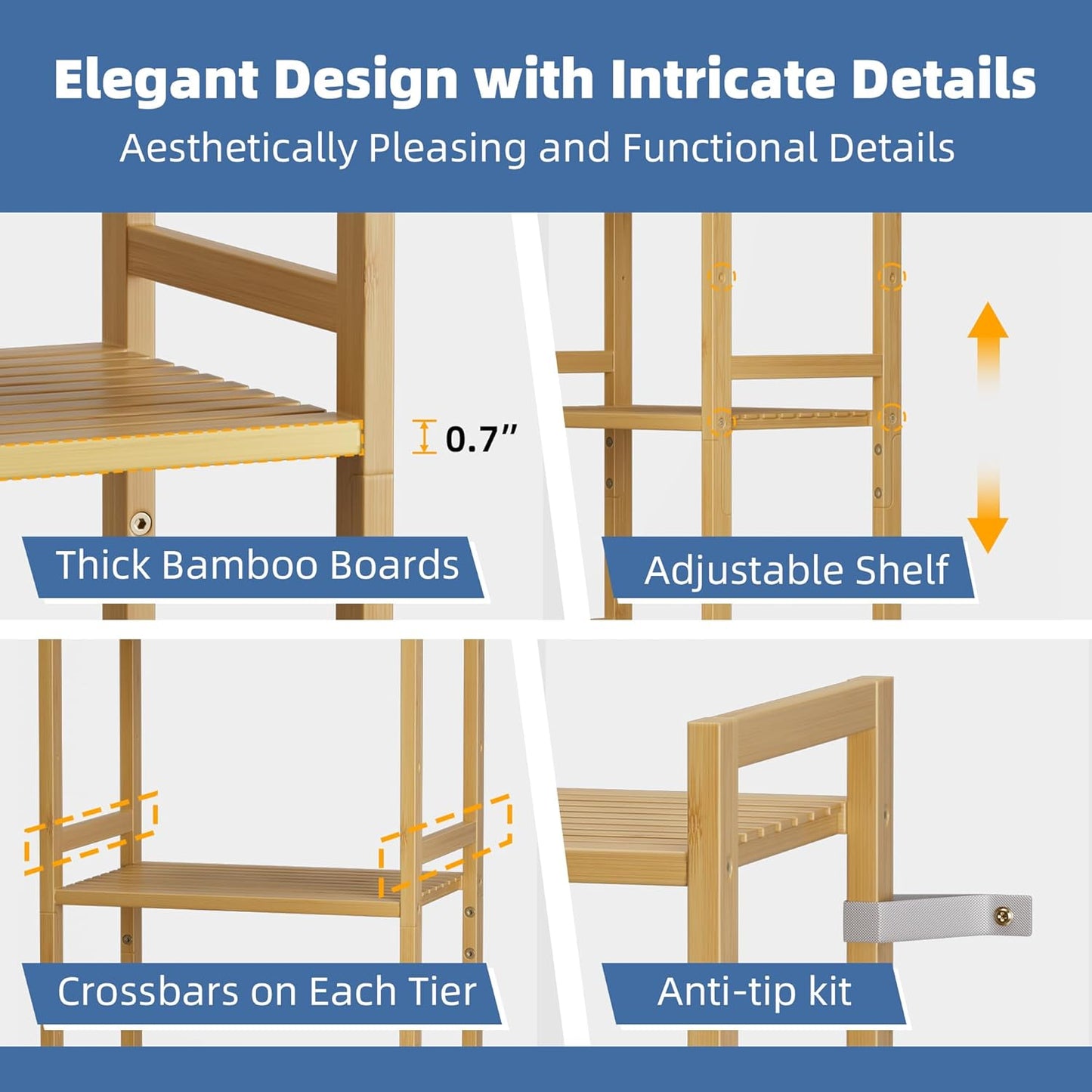 HITNET Tall Narrow Bookshelf, 5 Tier Bathroom Shelf Bamboo, Floor Standing Display Storage Organizer for Small Space, Adjustable Shelves, Natural Wood Bookcase