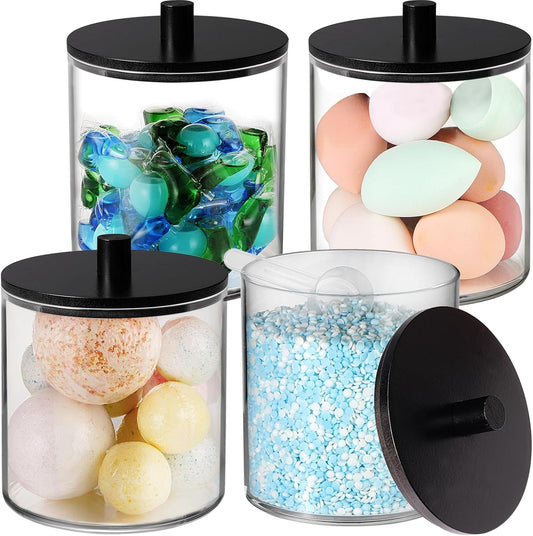 SheeChung 4 Pack 50 Oz Large Apothecary Jar with Bamboo Lid, Laundry Pods Container, Storage Jars for Bathroom Organization, Plastic Canisters with Cute Stickers Spoons(Black)
