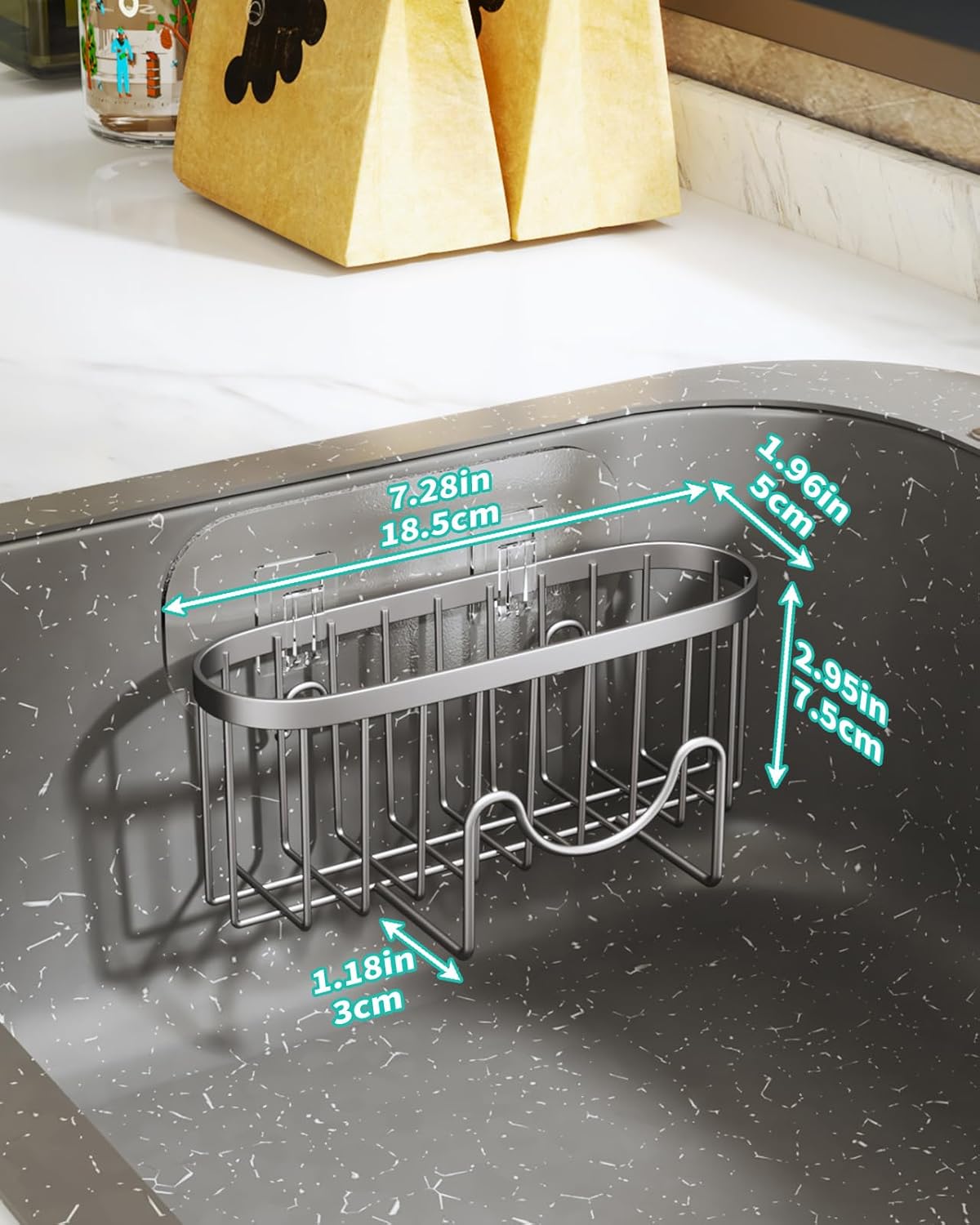 HapiRm Kitchen Sponge Holder for Sink - 2 Installation Methods Kitchen Sink Caddy Organizer with Unique M-Shaped, Rustproof Stainless Steel Sponge Caddy - Brushed Nickel (Large)