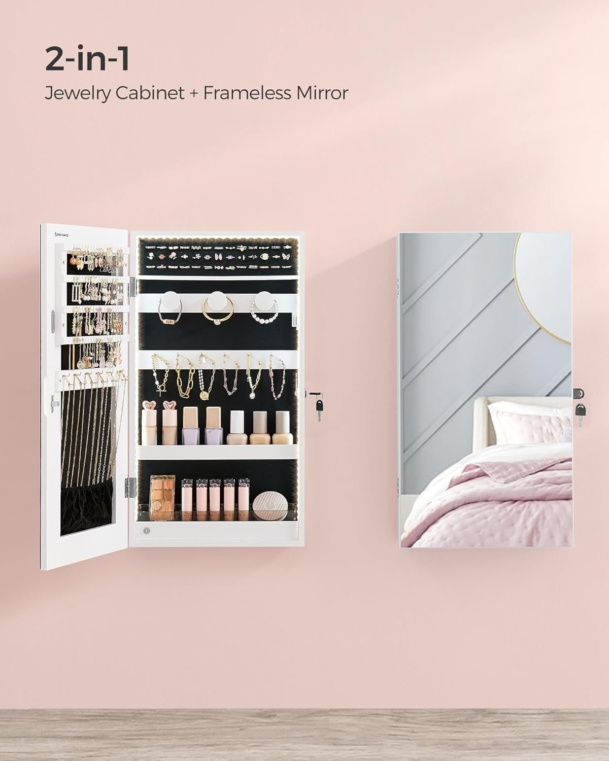 SONGMICS Mirror Jewelry Cabinet Armoire with Built-in LED Lights, Wall or Door Mounted Jewelry Storage Organizer, 3.8 x 14.6 x 26.4 Inches Hanging Mirror Cabinet, Christmas Gift Idea, White UJJC050W01