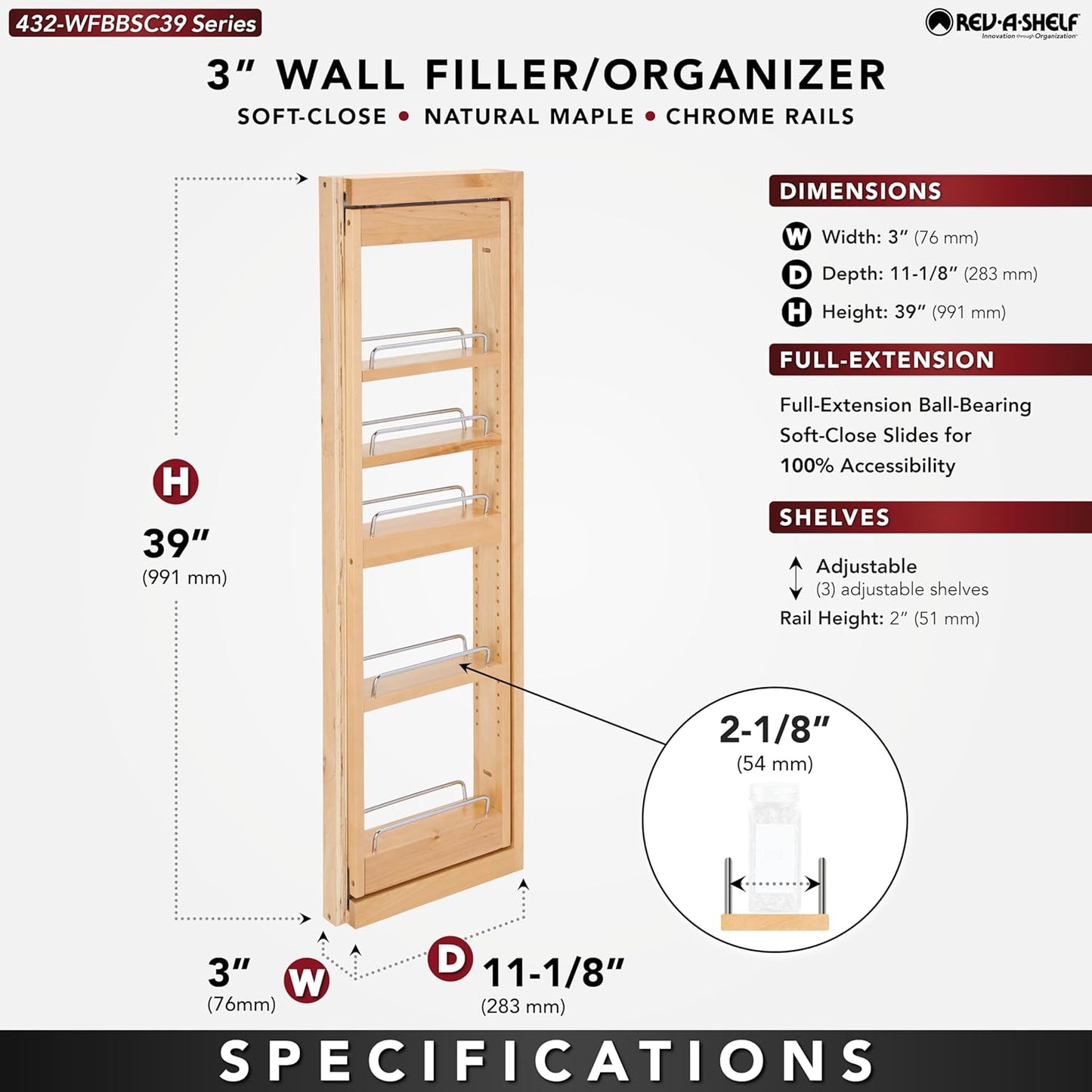 Wood Wall Filler Pull Out for 39" H New Kitchen Applications w/BB Soft Close