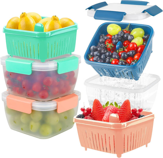 50oz Berry Keeper Fruit Storage Container for Fridge, Fresh Food Produce Saver Containers with Removable Drain Colanders, Vegetable Lettuce Keeper Bowl, Refrigerator Organizer, PRESS TO OPEN CLOSE LID