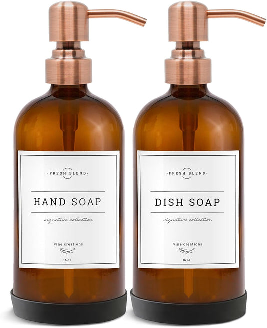 Vine Creations Amber Glass Soap Dispenser, 2 Pack Kitchen Soap Dispenser Set with Stainless Steel Pump, 16 oz Dish Soap and Hand Soap Dispensers for Bathroom with Waterproof Labels
