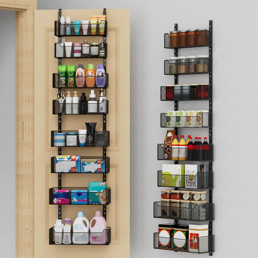 Over The Door Organizer, 8-tier Metal Door Organizer Hanging with Adjustable Baskets, Behind The Door Storage for Bedroom Closet Bathroom Pantry Cabinet Kitchen, Black