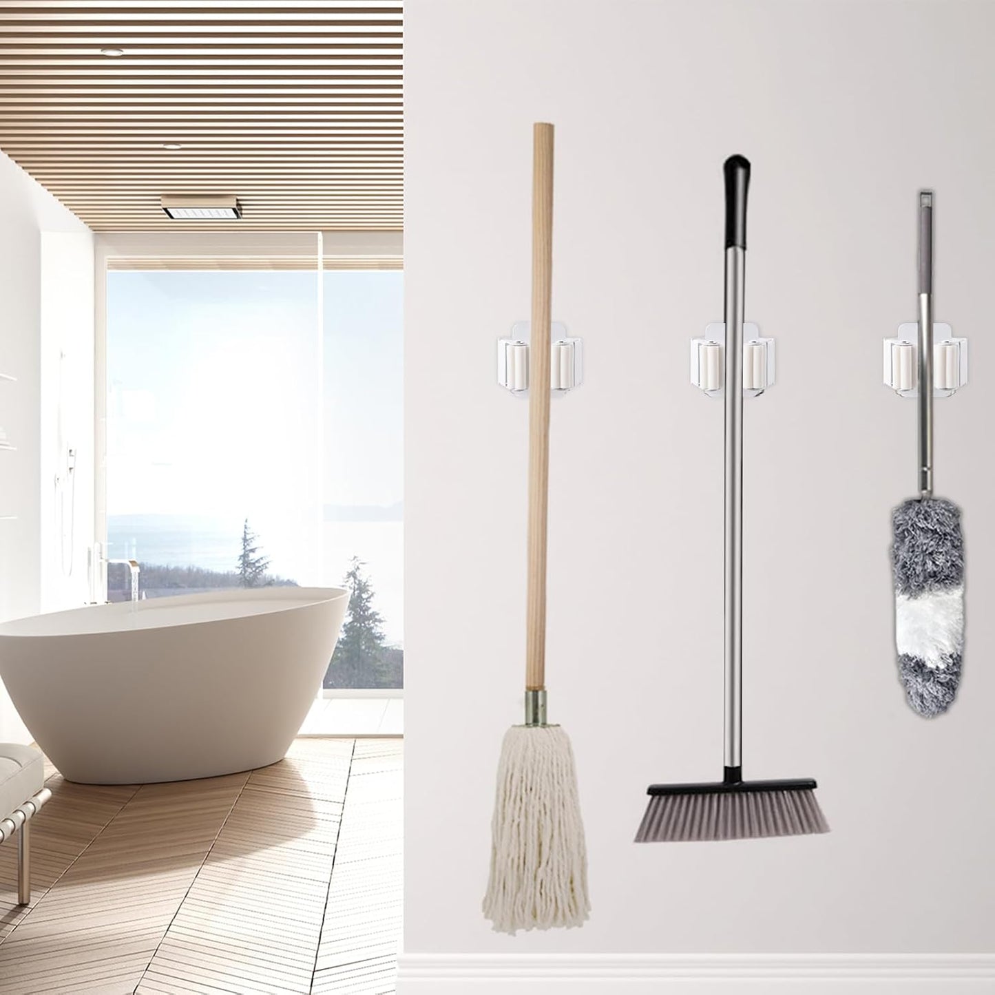 Verdenu 6 Pack Broom Holder Wall Mount, Mop and Broom Holder Wall Mount, Stainless Steel Command Mop Holder with Screws, Garden Tool Storage Organizer for Kitchen, Home, Bathroom, Garage, White