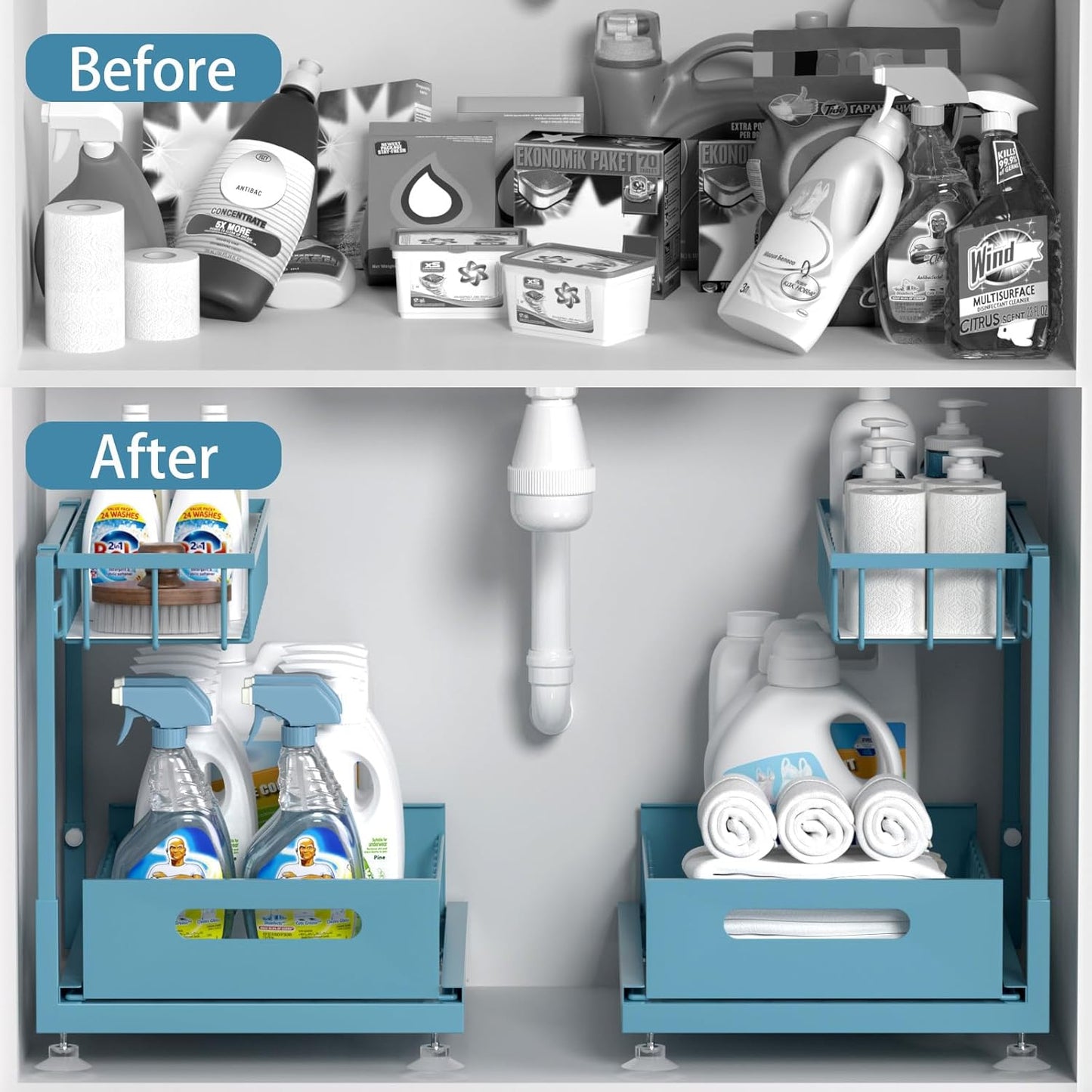 Under Sink Organizer Storage 2-Tier Premium Metal Pull-Out Racks, Height Adjustable, Easy Installation | Kitchen & Bathroom Organizers Pack of 1 Teal
