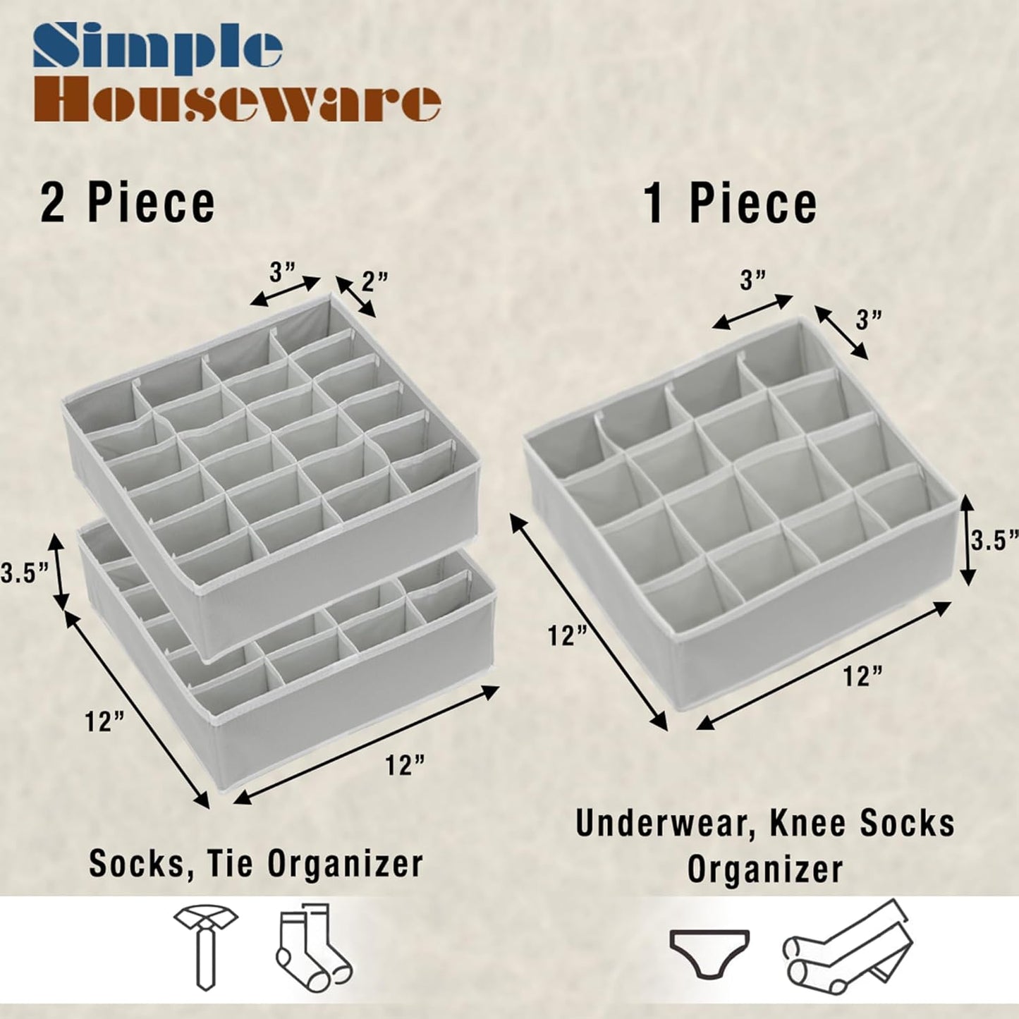 Simple Houseware Sock Drawer Organizer for Dresser/Closet/Bedroom, 3 Pack, Gray