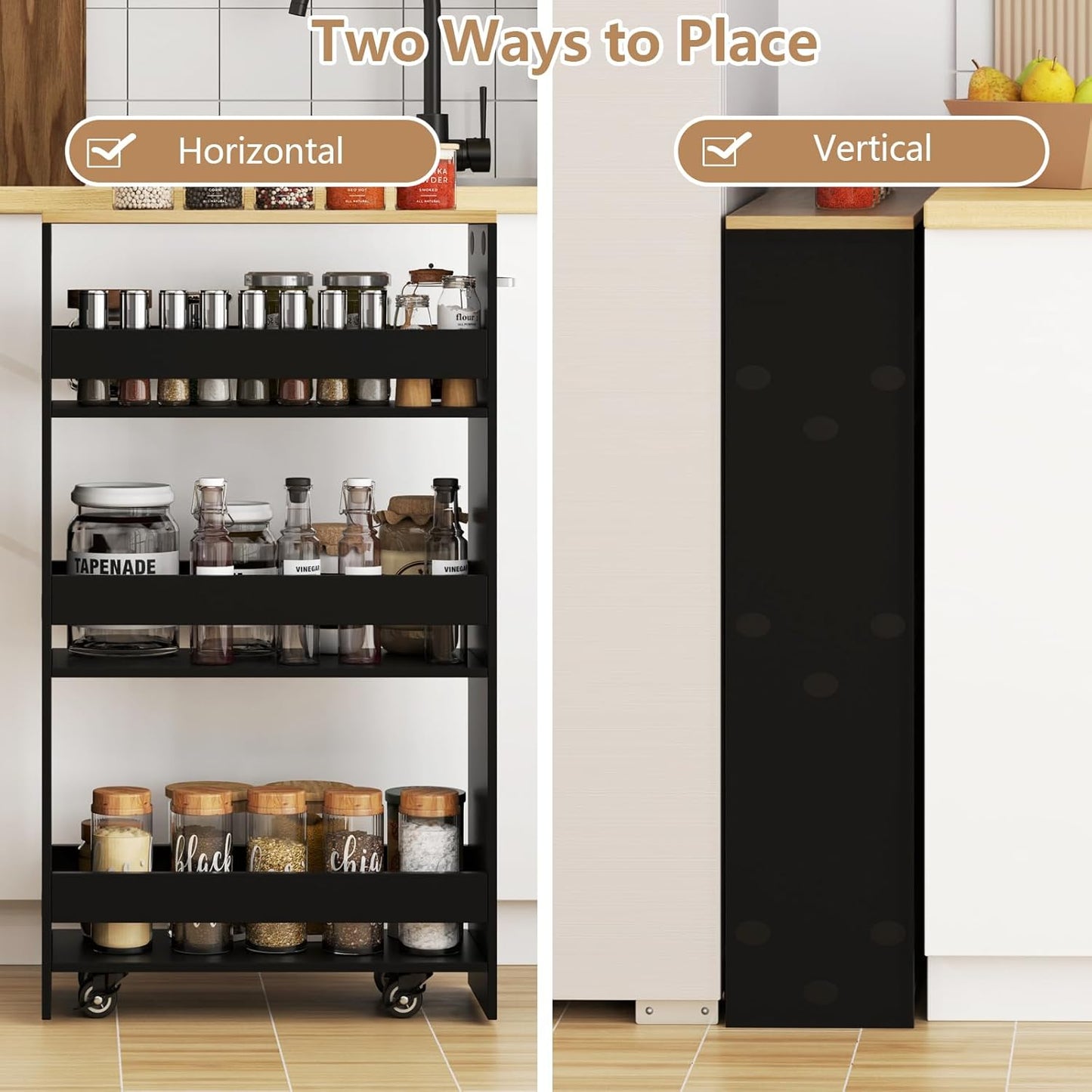 Slim Rolling Storage Cart, 4 Tier Narrow Kitchen Cart with Wheels, Between Washer and Dryer Cart, Wood Shelving Unit Organizer w/Handle for Small Spaces (Black, 8-inch)