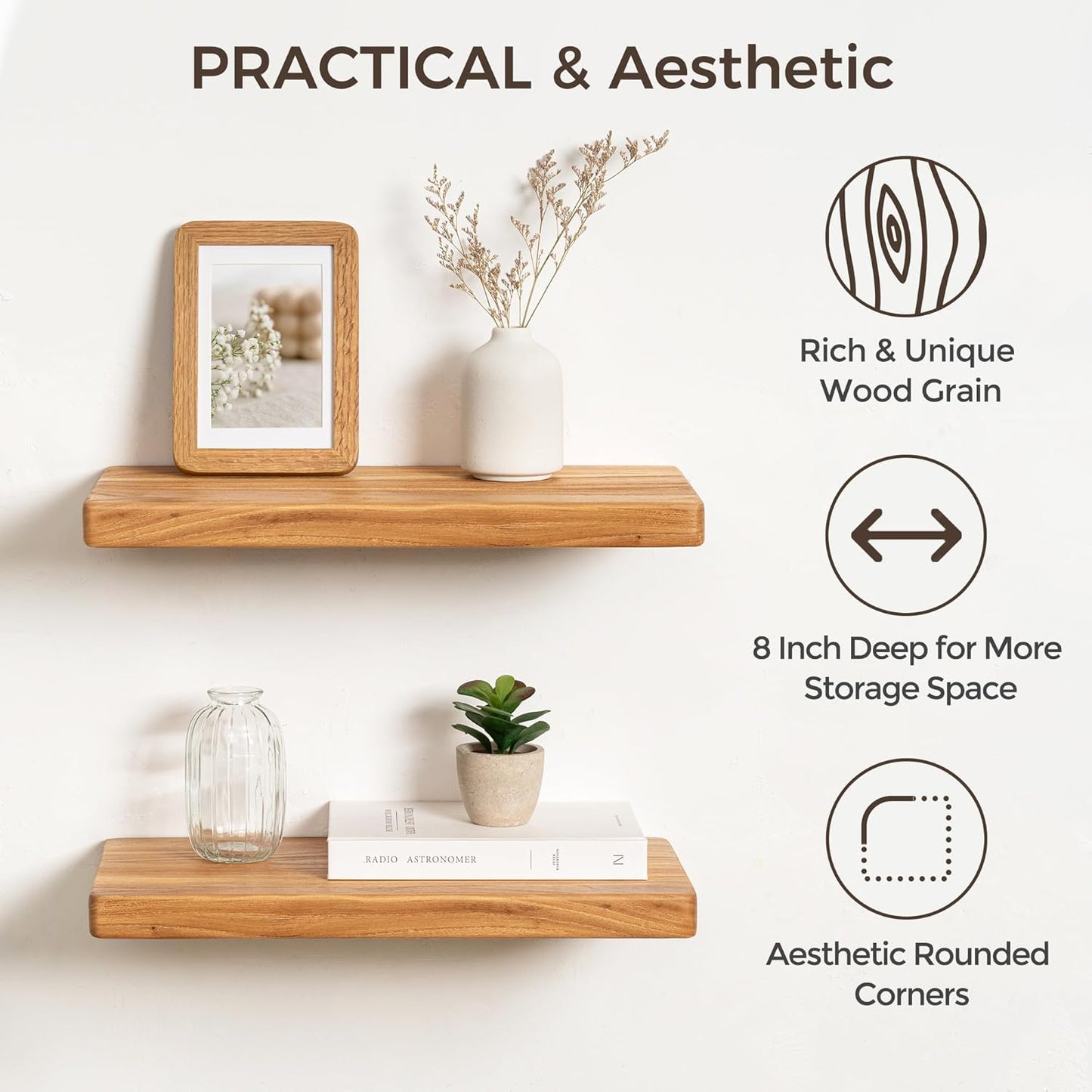 Fun Memories Rustic Solid Elm Wood Floating Shelves, 18" W x 8" D Floating Shelf Wall Mounted, 8 Inch Deep Wall Shelves, Wooden Bathroom Shelf for Home, Deep Bookshelf for Living Room, Set of 2