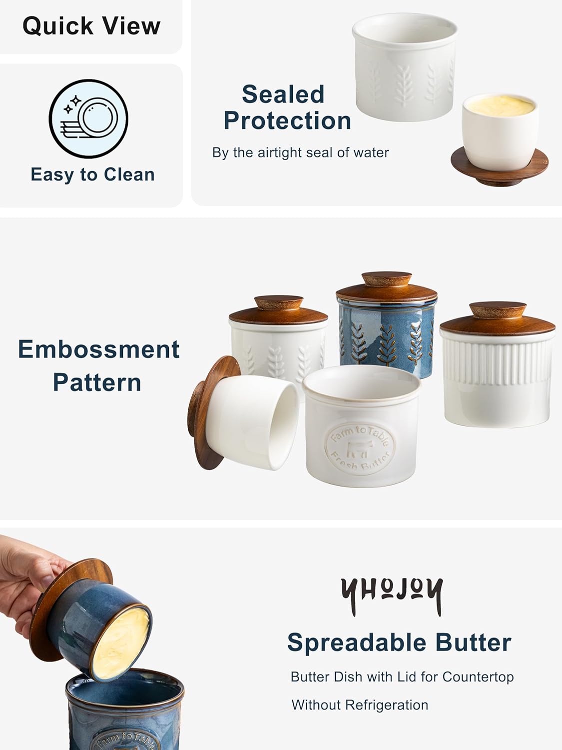 Butter Crock, Ceramic Butter Dish with Lid for Countertop, French Butter Keeper, Elegant Embossed Pattern, White
