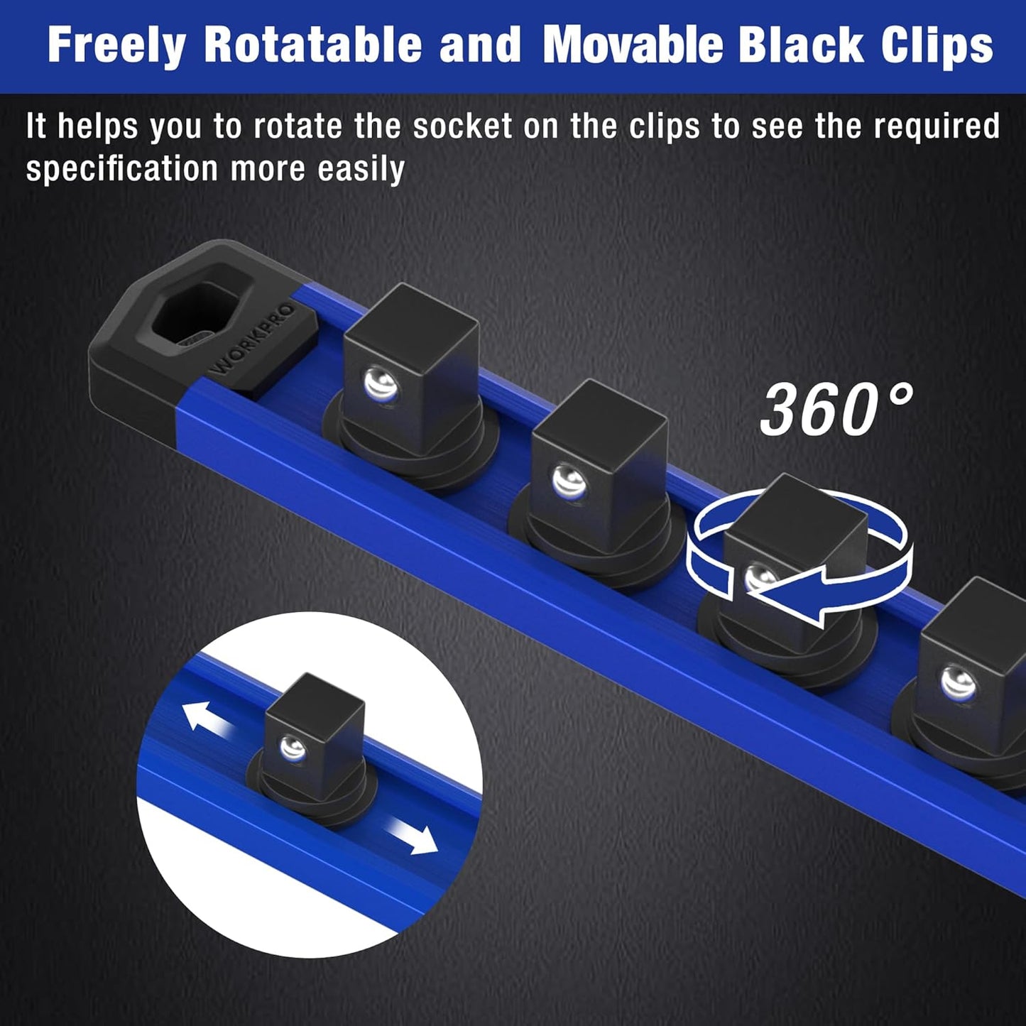 WORKPRO Magnetic Socket Organizer Set, 3-Piece Aluminum Alloy Socket Rail, Heavy Duty Socket Holder, Socket Rack Kit 1/4-Inch x 12 Clips, 3/8-Inch x 10 Clips, 1/2-Inch x 10 Clips (Blue)