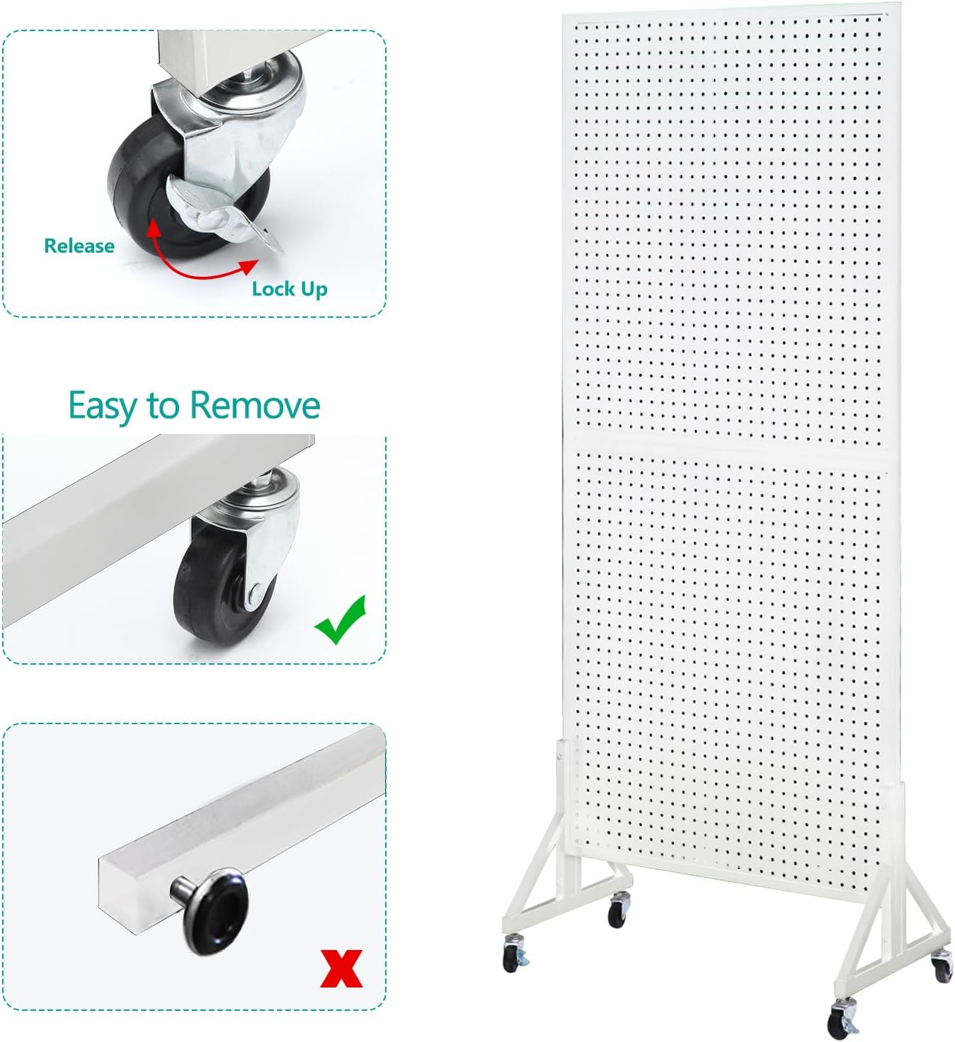 Eastern Tree 2.5'x 6' Metal Pegboard Display Stand with T-Base, Peg Board Panels Display with Casters, Standing Pegboard Display, Retail Display Stand, Extra 10 Pieces Hooks, White
