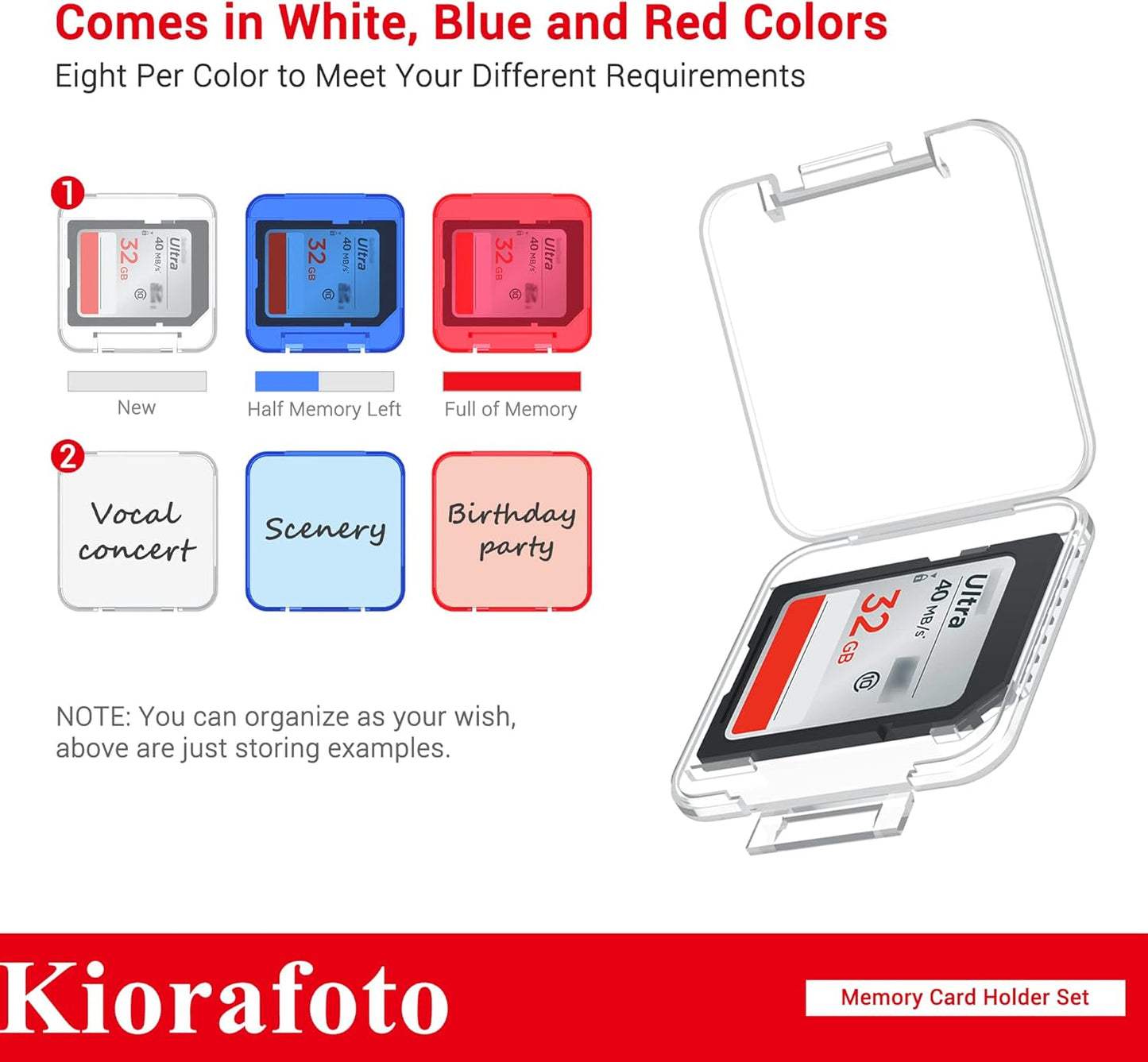 Kiorafoto 24 PCS Multi-Color Clear Plastic SD Card Case Holder for 24 SD SDXC SDHC Cards, Transparent Standard Memory Card Case Jewelery Box Storage Organizer with Labels
