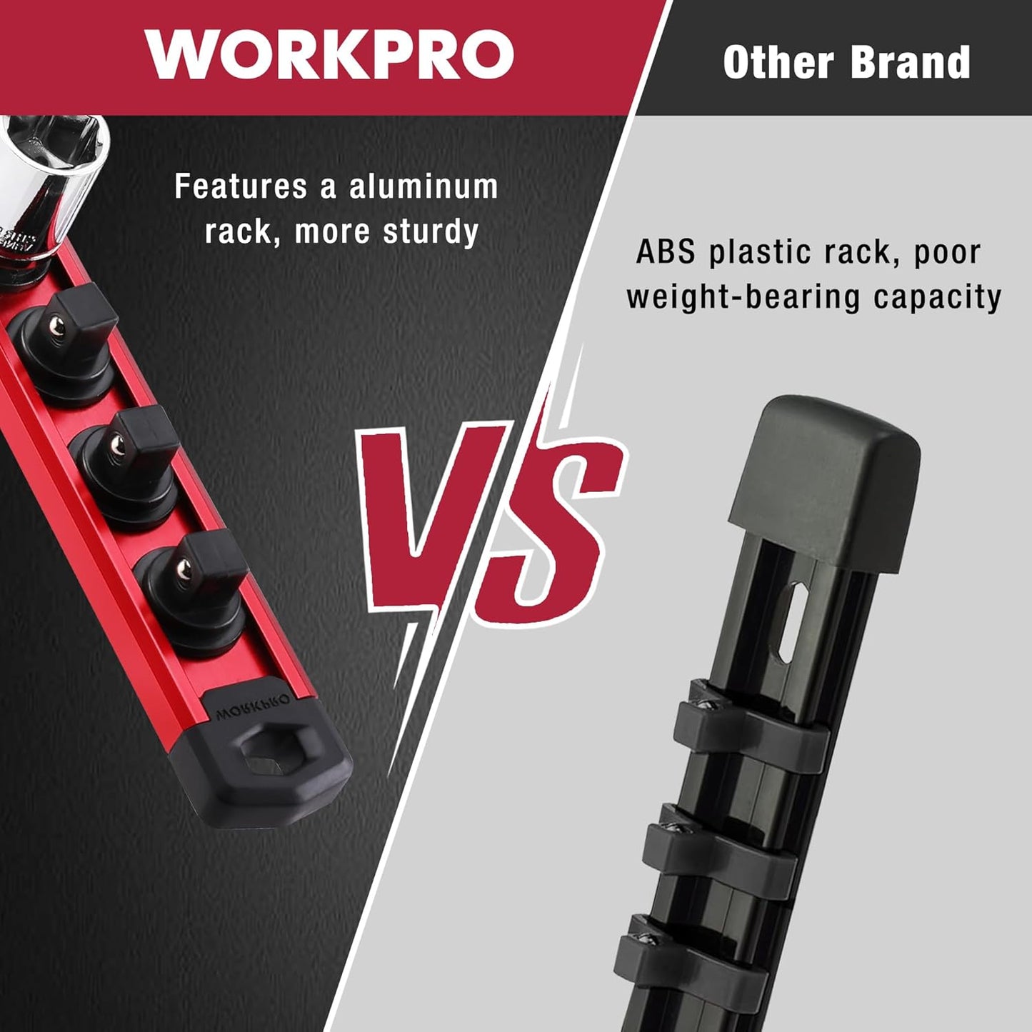 WORKPRO Magnetic Socket Organizer, 1/2-Inch Drive Aluminum Alloy Sockets Rail, Heavy Duty Sockets Holder, Socket Rack Kit 1/2-Inch x 10 Clips (Red)