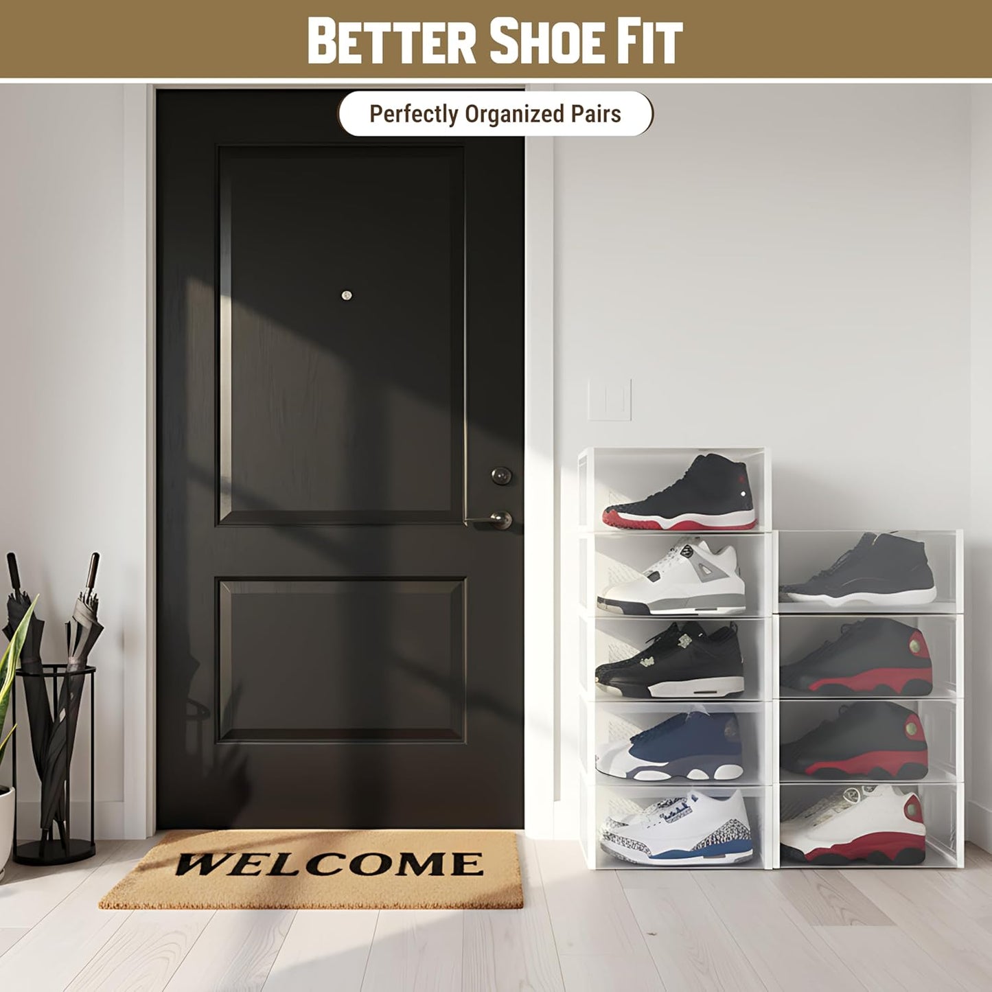 Shoe Storage Boxes 18 Pack Clear Plastic Stackable – White Shoe Organizer Box w/ Door for Closet, Entryway & Bedroom – Foldable Plastic Shoe Cabinet Storage for Men’s & Women’s Shoes (US Size 5–10)