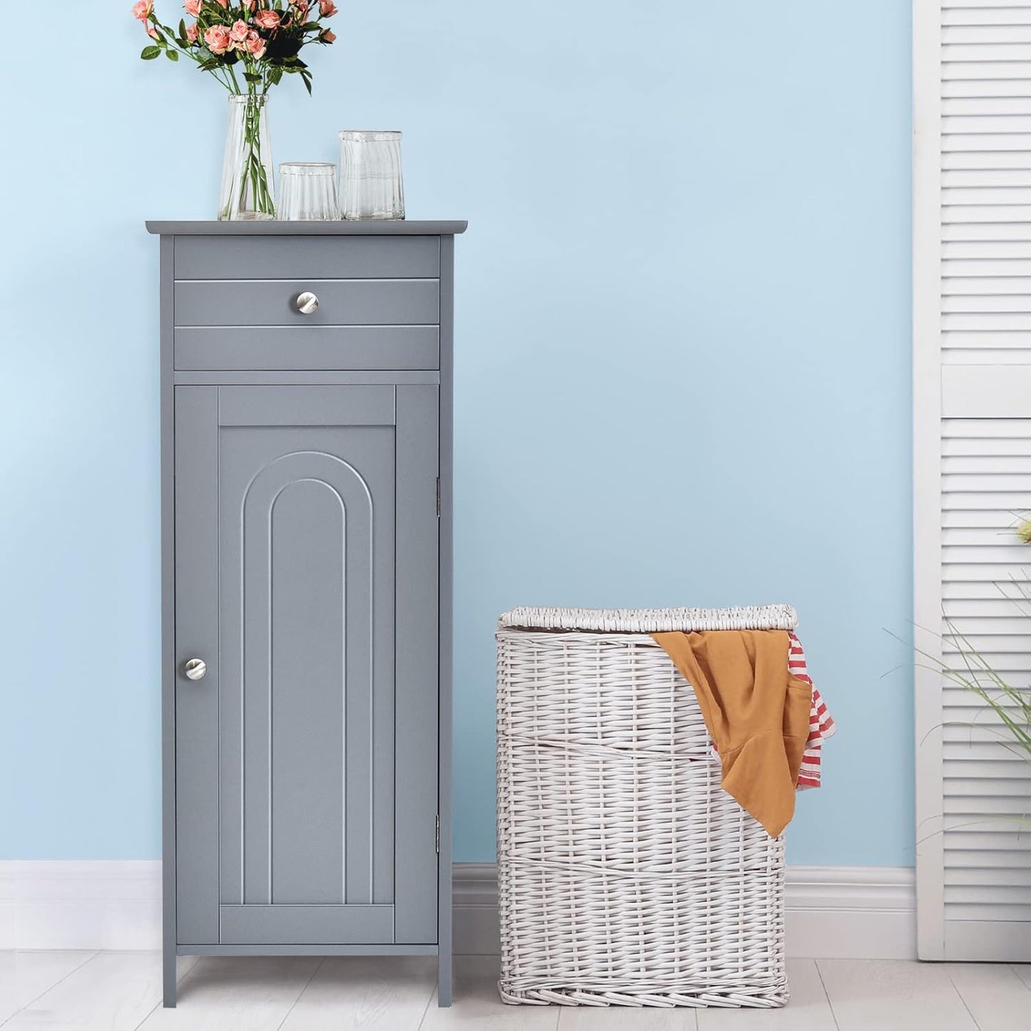 HAPPYGRILL Bathroom Floor Cabinet, Single Door Floor Storage Cabinet Organizer with Drawer and 3-Level Adjustable Shelves, Bathroom Cabinets Freestanding with Anti-Tipping Device for Living Room
