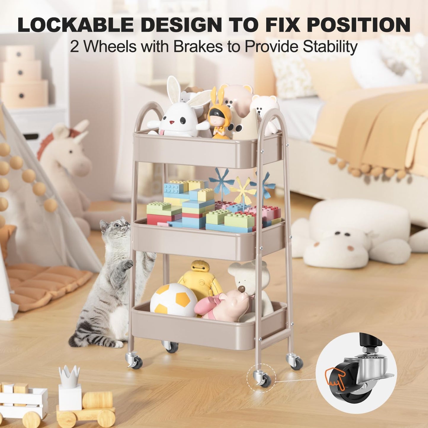 EAGMAK 3 Tier Rolling Cart, Large Metal Storage Cart with Handle and Lockable Wheels, Big Multifunctional Storage Organizer Trolley with Mesh Baskets for Kitchen, Living Room, Office, Garage (Beige)