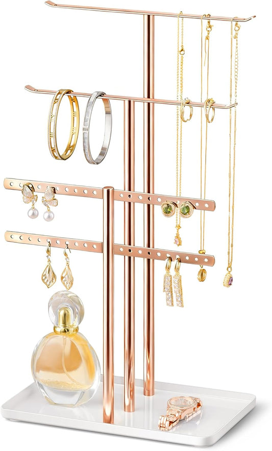 pickpiff Jewelry Stand Holder Organizer: 14.5" Sturdy Hanger for 80 Pcs Jewelry, Rose Gold Jewlery Tower for Display Necklace, Earring, Bracelet, Watch