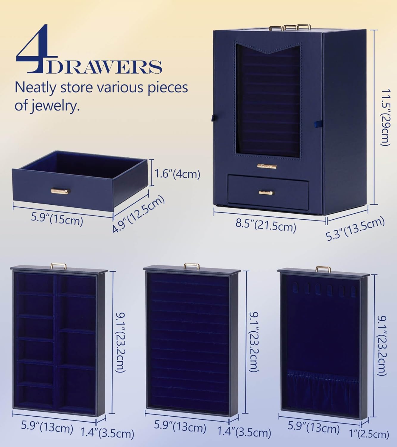 Homde Jewelry Organizer with Transparent Window Necklace Hooks Gift for Women Jewelry Box Display Case for Necklaces Rings Earrings Bracelets and Other Accessories (Dark Blue)