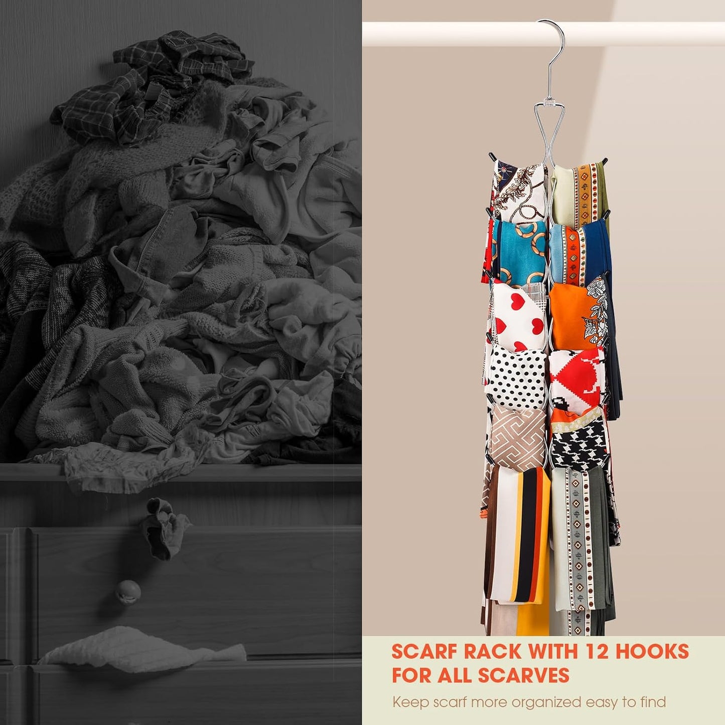 Scarf Hanger 2 Pack 24 Storages,Purse Hanger with 360 Swivel Hook,Scarf Organizer Scarf Hangers for Closet,for Scarves, Shawl,Belt,Purse & Baseball Cap